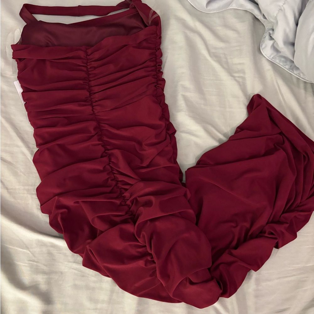 SOLD. Windsor Burgundy Midi Halter Dress - Picture 4 of 6